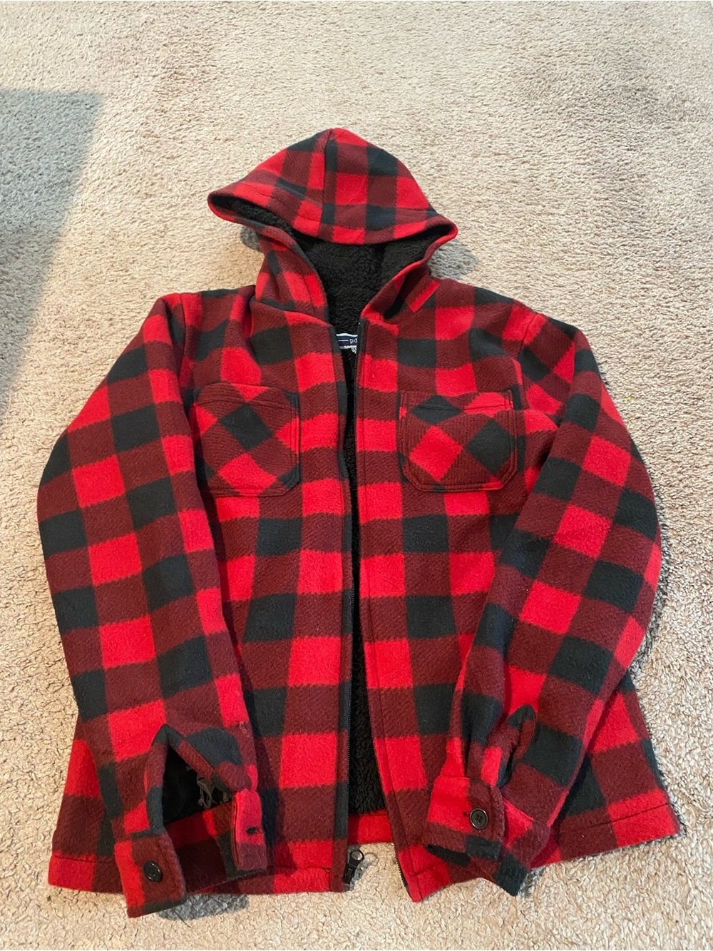 PD&C Red and Black Buffalo Plaid Hooded Fleece Jacket